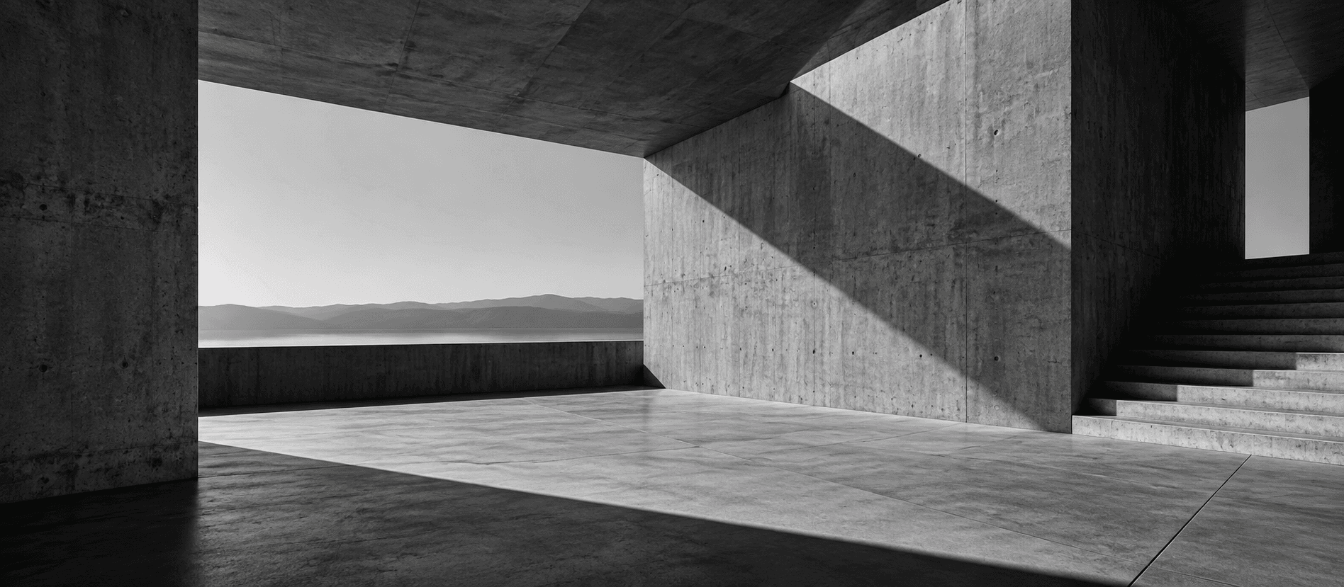 Arquitetura minimalista de concreto, com escadaria e sombras geométricas