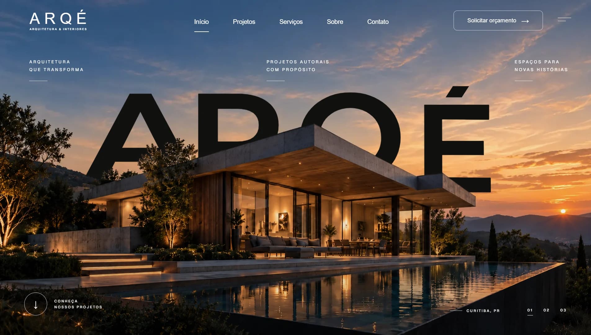 Interface do projeto ARQÉ, com arquitetura contemporânea ao pôr do sol