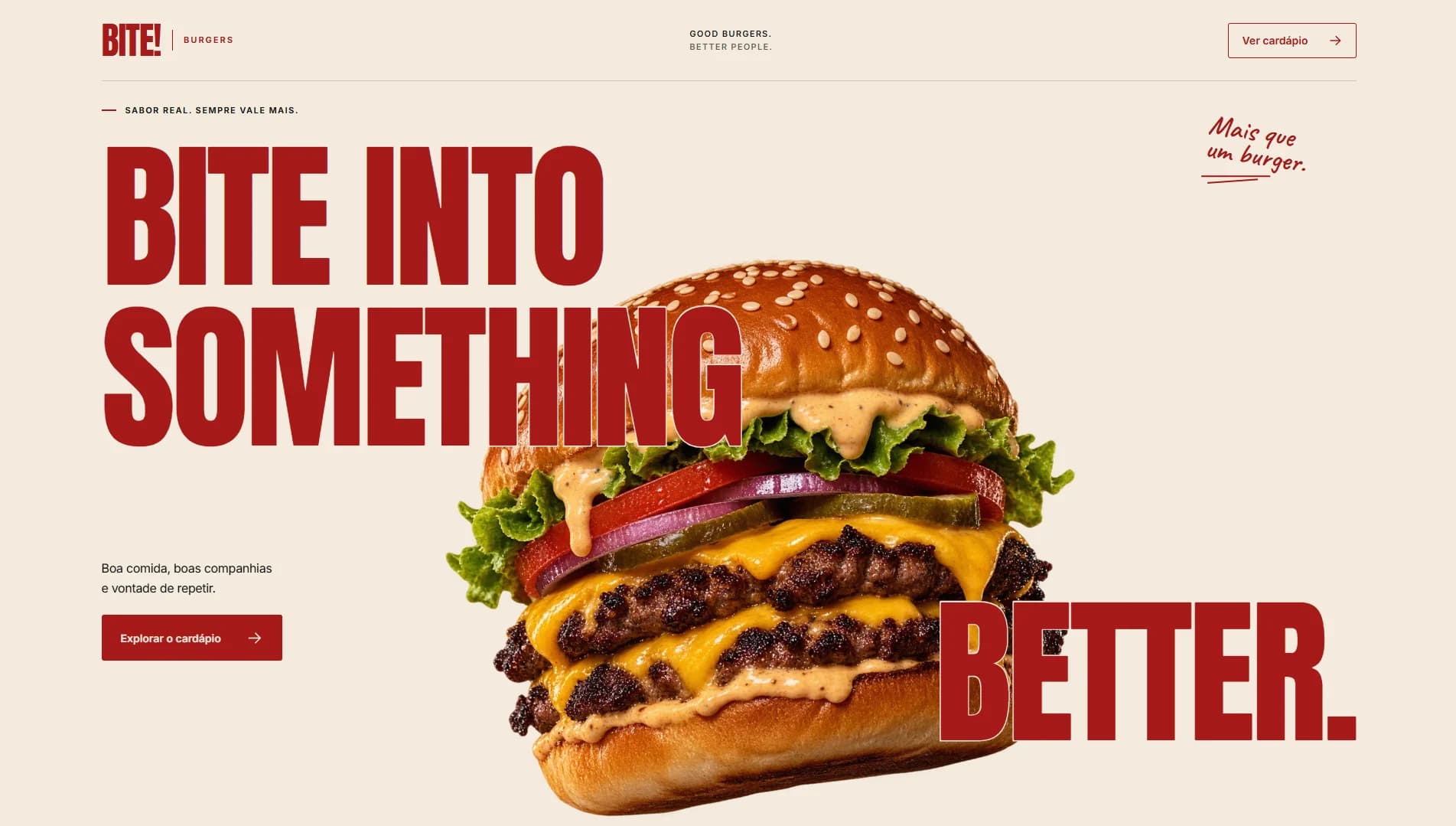 Projeto Bite Burger, com tipografia vermelha e um hambúrguer em grande escala