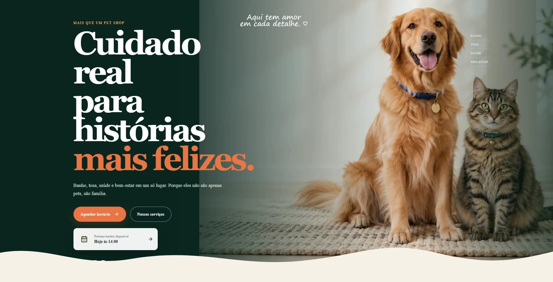 Projeto Paw & Care, com um golden retriever, um gato e identidade verde e laranja